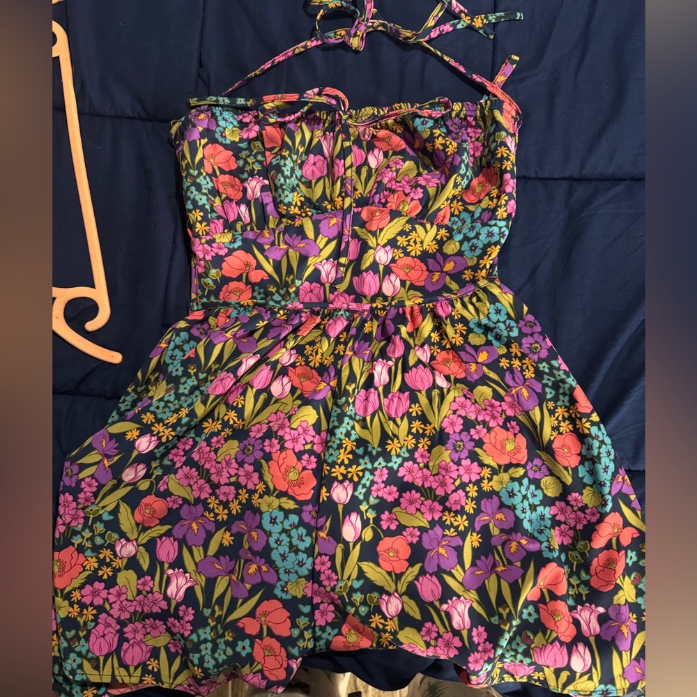 Boho Floral Open Back Romper Multicolor Halter Style Size L NWOT